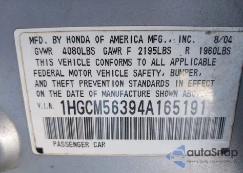 2004 Honda Accord 2.4 Lx z USA, uszkodzony, nr VIN 1HGCM56394A165191
